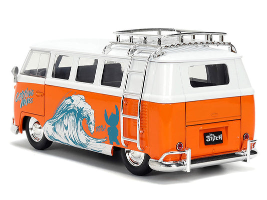 1961 Volkswagen Bus "Catching Waves" White and Orange with Stich Diecast Figure "Disney's Stitch" "Hollywood Rides" Series 1/24 Diecast Model by Jada Jada
