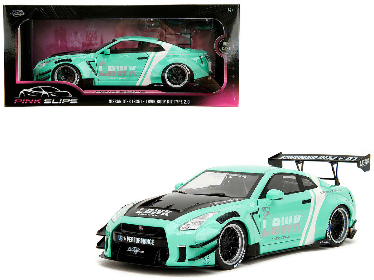 Nissan GT-R (R35) Liberty Walk Body Kit 2.0 RHD (Right Hand Drive) Light Blue with Black Hood and White Stripes "Pink Slips" Series 1/18 Diecast Model Car by Jada Jada