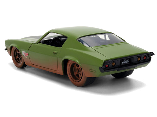 Dom's 1973 Chevrolet Camaro "F-Bomb" Matt Green (Dirty Version) with Black Hood Stripe "Fast & Furious" (2009) Movie "Fast & Furious 25 Years" Series 1/32 Diecast Model Car by Jada-1
