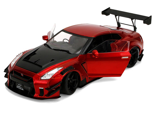 Nissan GT-R (R35) Liberty Walk Body Kit 2.0 RHD (Right Hand Drive) Red Metallic with Carbon Hood "Pink Slips" Series 1/18 Diecast Model Car by Jada Jada