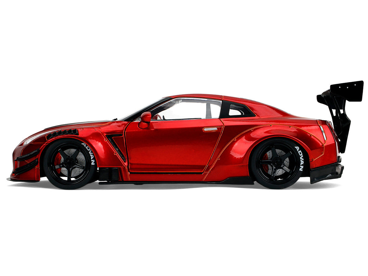 Nissan GT-R (R35) Liberty Walk Body Kit 2.0 RHD (Right Hand Drive) Red Metallic with Carbon Hood "Pink Slips" Series 1/18 Diecast Model Car by Jada Jada