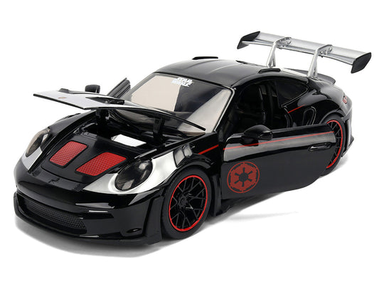 Porsche 911 GT3 RS (992) Black with Silver Hood and Graphics and Darth Vader Figure "Star Wars" Franchise "Hollywood Rides" Series 1/24 Diecast Model Car by Jada Jada