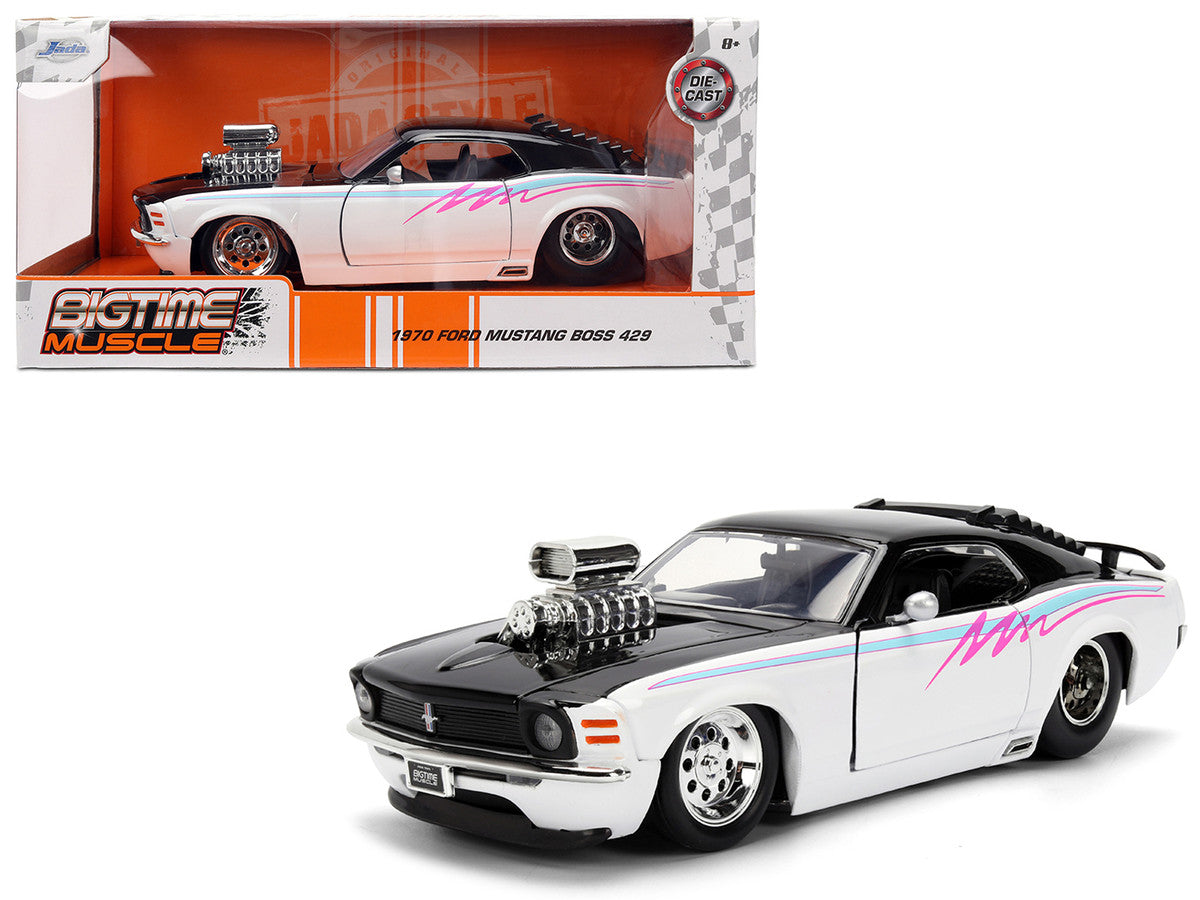 1970 Ford Mustang Boss 429 Black and White with Graphics "Bigtime Muscle" Series 1/24 Diecast Model Car by Jada Jada