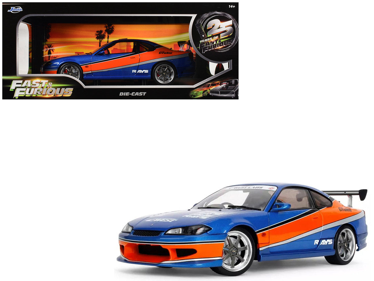 2002 Nissan Silvia (S15) RHD (Right Hand Drive) Blue Metallic with Orange Graphics "The Fast and the Furious: Tokyo Drift" (2006) Movie "25 Years of Fast & Furious" Series 1/18 Diecast Model Car by Jada Jada