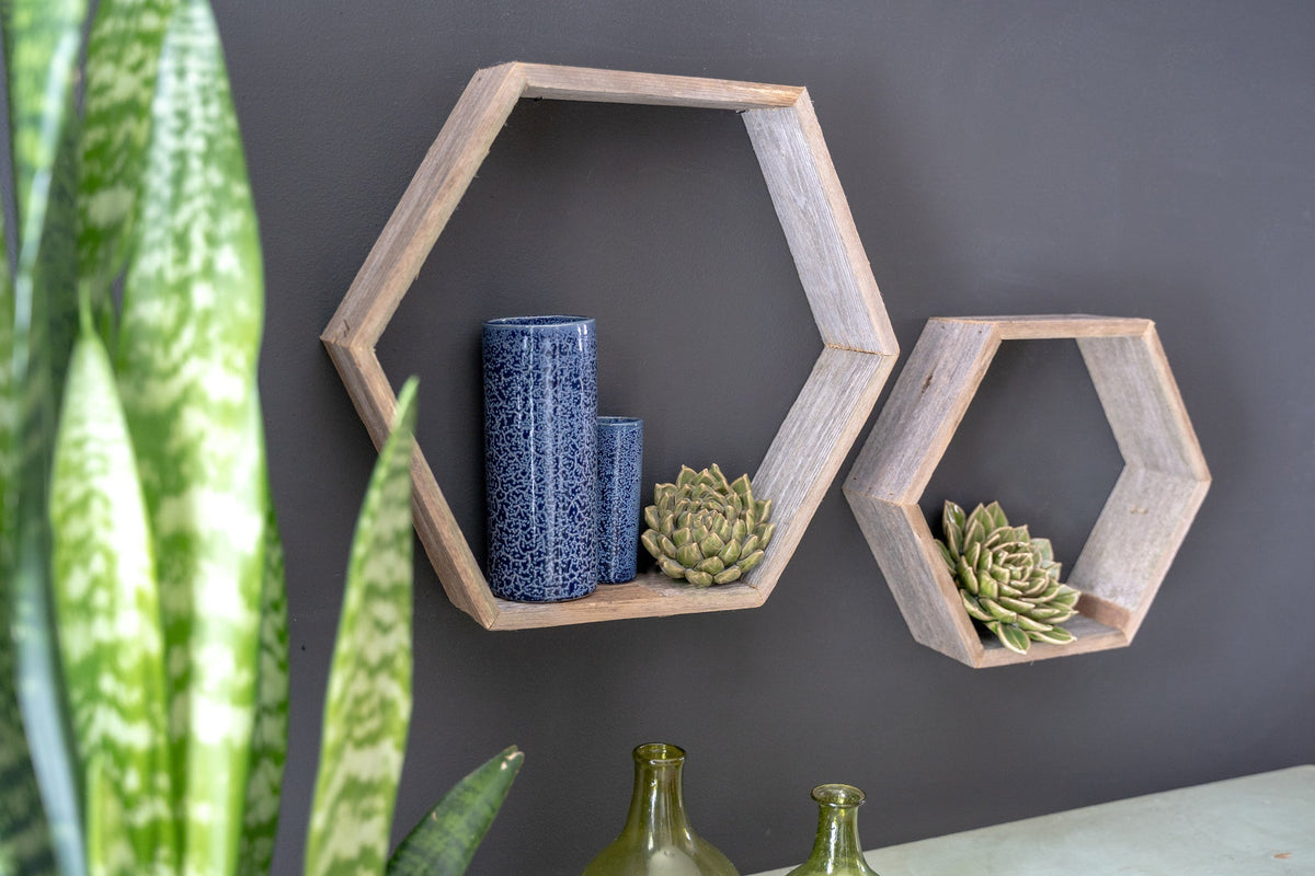 Set Of 3 Hexagon Rustic Natural Weathered Grey Wood Open Box Shelve W2B
