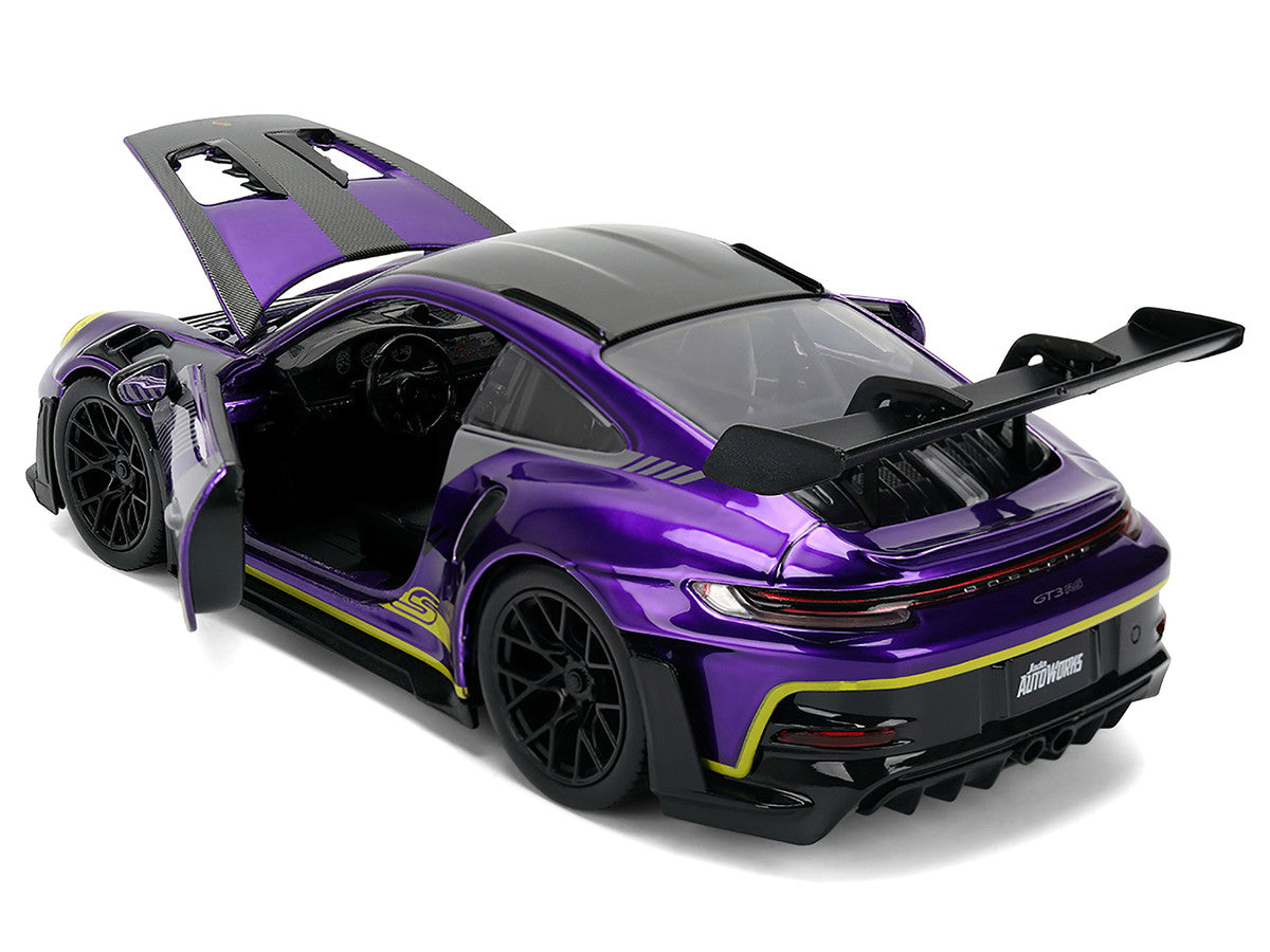 Porsche 911 GT3 RS (992) Candy Purple with Carbon Top and Hood Stripes and Graphics "AutoWorks" Series 1/24 Diecast Car Model by Jada Jada