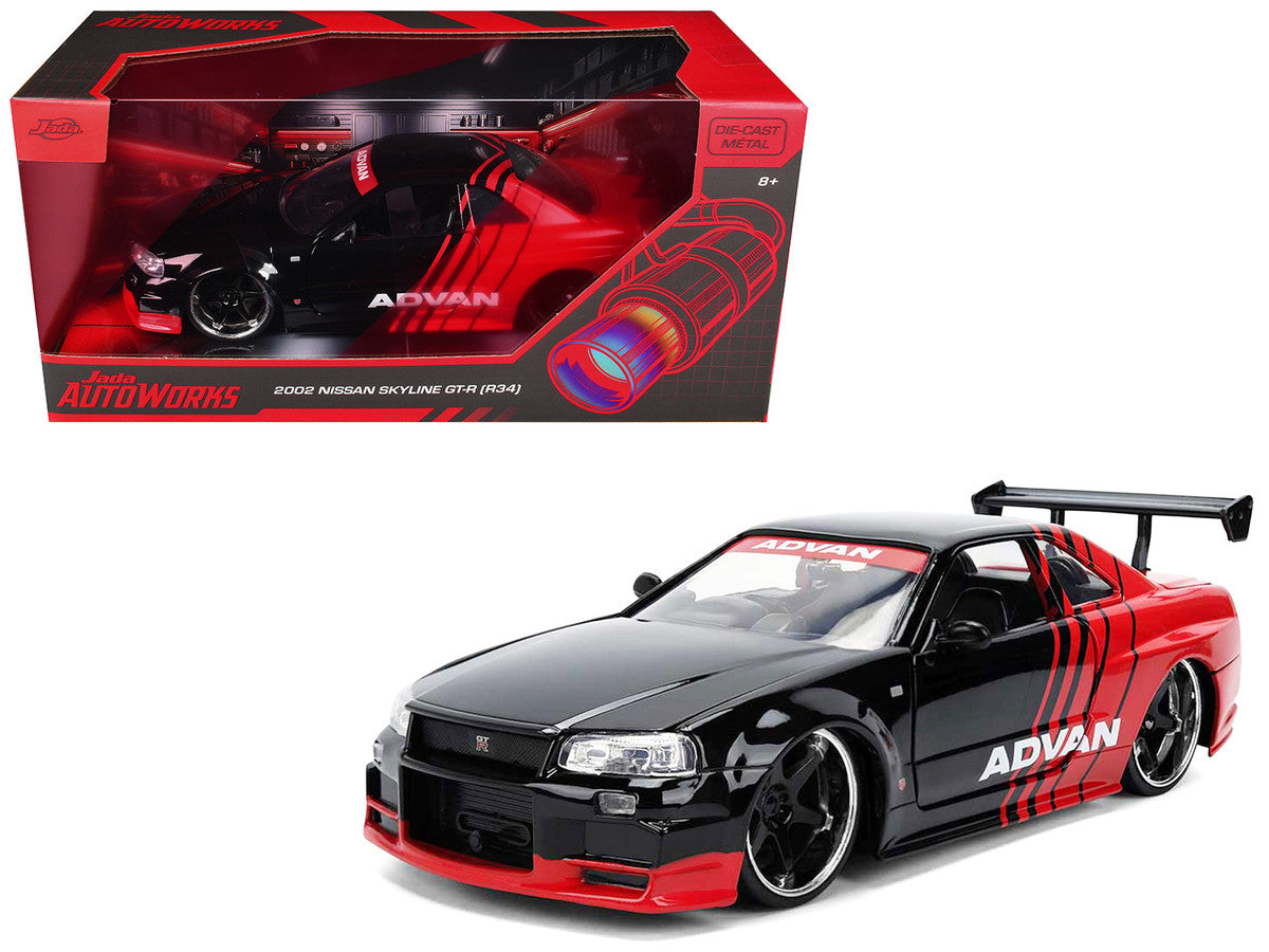 2002 Nissan Skyline GT-R (R34) RHD (Right Hand Drive) "ADVAN" Black and Red "AutoWorks" Series 1/24 Diecast Car Model by Jada Jada
