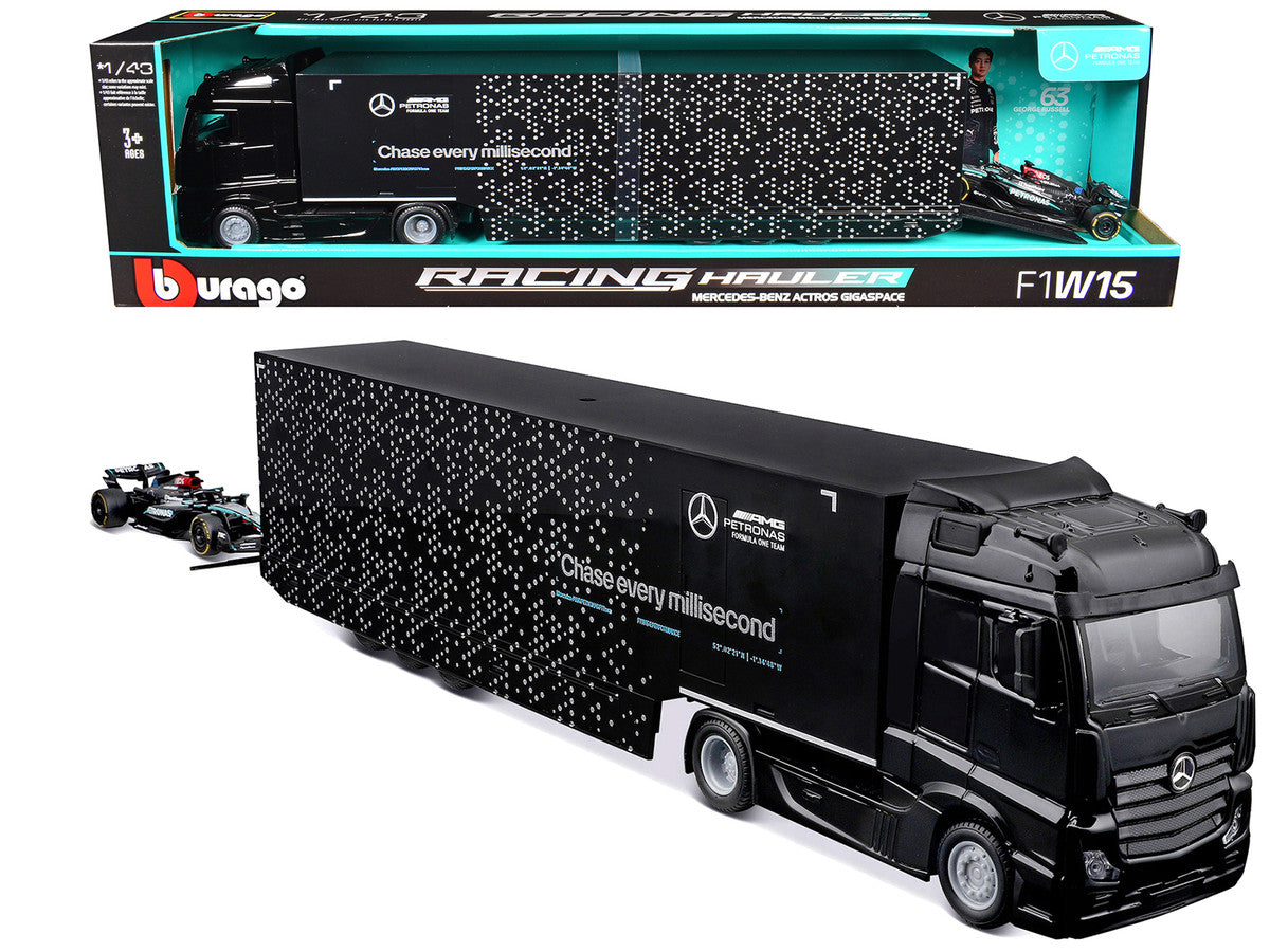 Mercedes-Benz Actros Gigaspace Car Transporter Black and Mercedes-AMG F1 W15 E Performance #63 George Russell "Petronas" Formula One F1 World Championship (2024) "Racing Hauler" Series 1/43 Diecast Model Car by Bburago Bburago