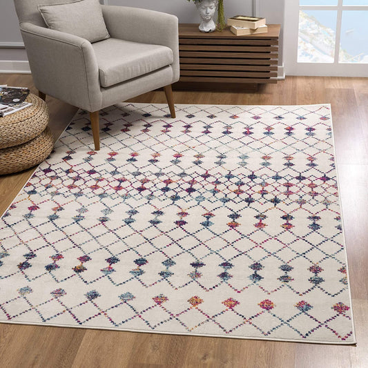 5' X 8' White Modern Geometric Grid Area Rug