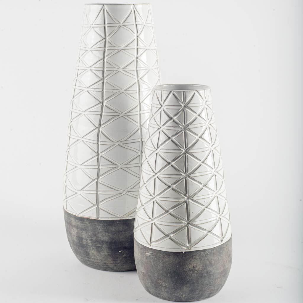 Textured White over Dark Clay Carved Ceramic Vase W2B