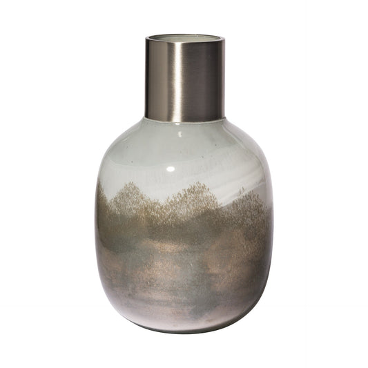 13" Cream and Brown Ombre Glass Vase with Dark Bronze Top W2B