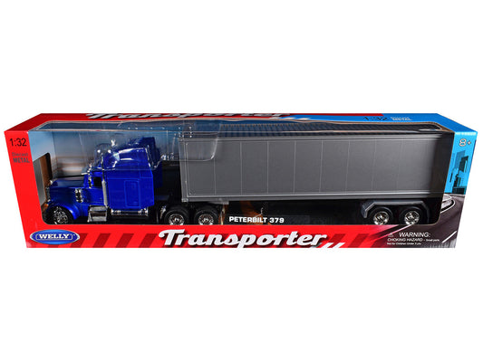 Peterbilt 379 Truck Blue Metallic with Silver Container "Transporter" Series 1/32 Diecast Model by Welly Welly