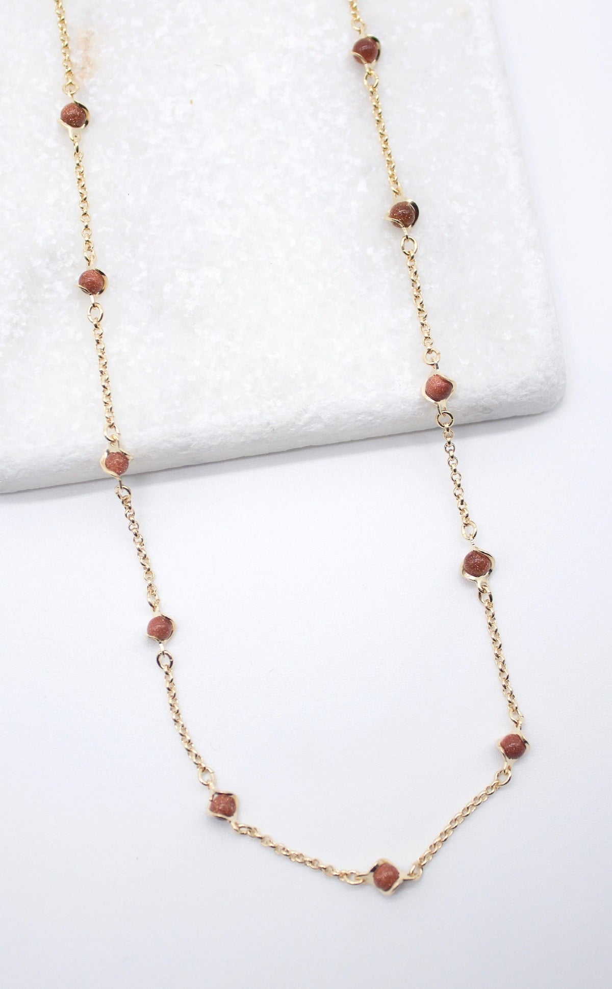 18K Gold Filled 5mm Designed Brown aventurine Bead Necklace (F221) MIA Jewelry