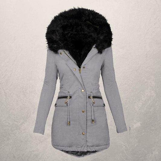 Medium Length Hooded Cotton Padded Jacket with Wool Collar Pi-Mart