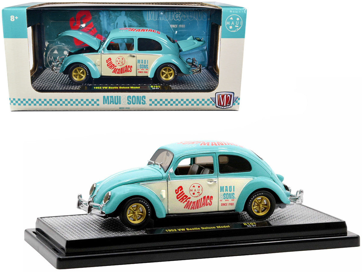 1952 Volkswagen Beetle Deluxe Model Light Blue and Wimbledon White “Maui & Sons” Limited Edition to 3850 pieces Worldwide 1/24 Diecast Model Car by M2 Machines M2