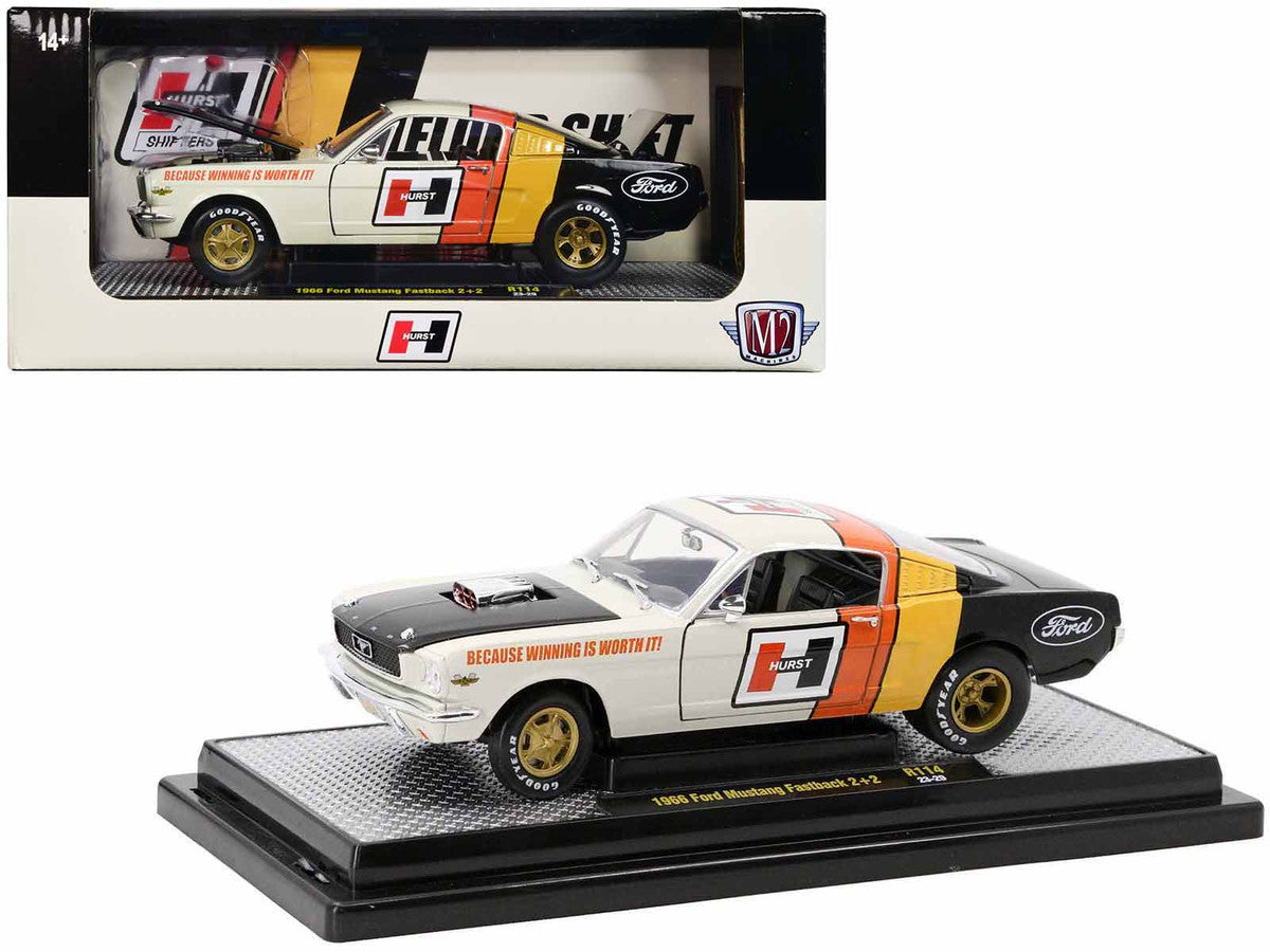 1966 Ford Mustang Fastback 2+2 Off White and Black with Red and Yellow Stripes "Hurst Shifters" Limited Edition to 6000 pieces Worldwide 1/24 Diecast Model Car by M2 Machines M2