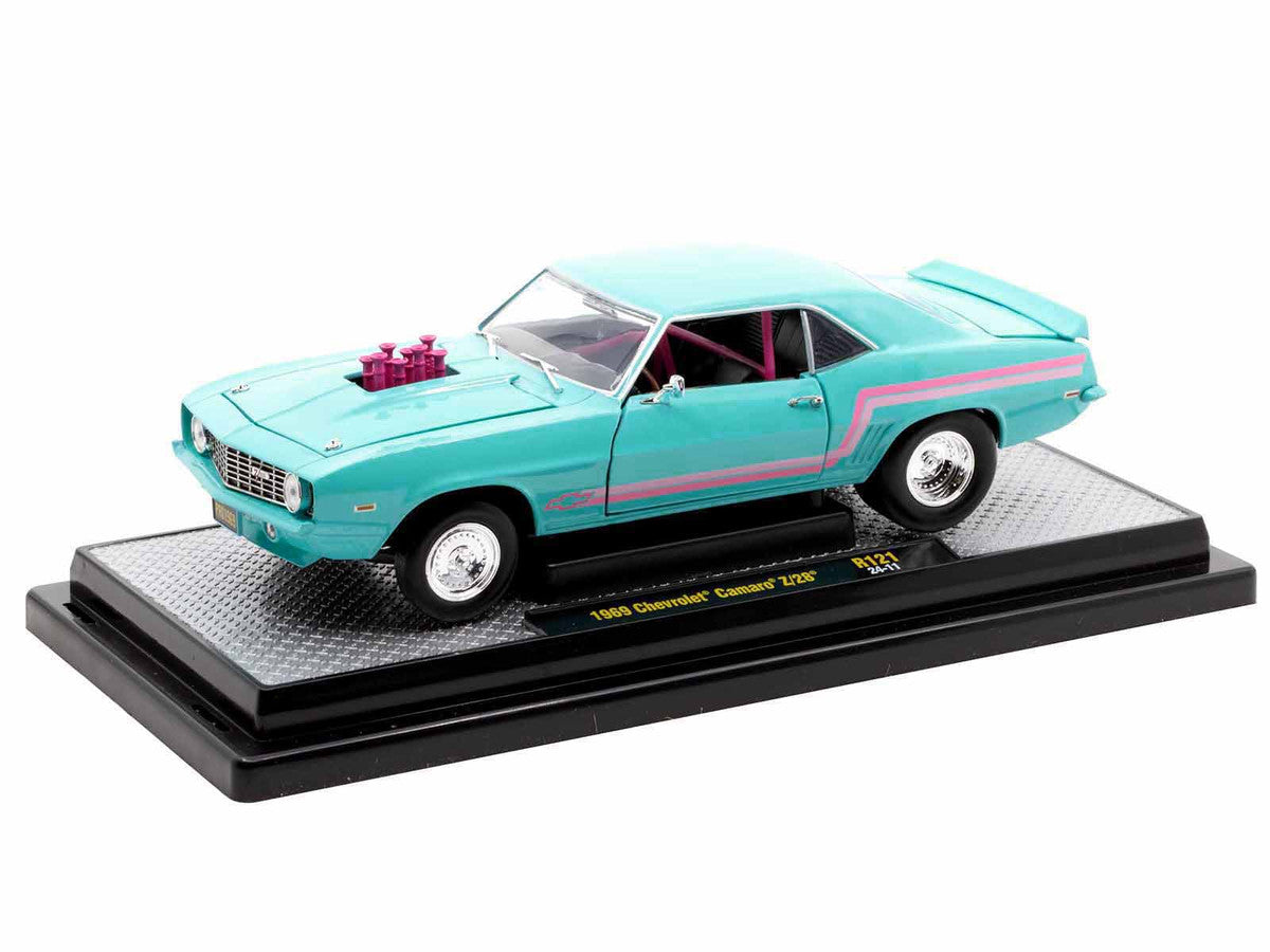 1969 Chevrolet Camaro Z/28 Light Blue with Pink Stripes "Pro Street" Limited Edition to 6250 pieces Worldwide 1/24 Diecast Model Car by M2 Machines M2