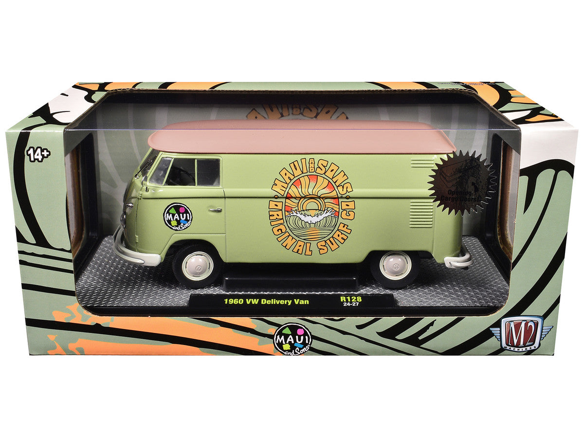 1960 Volkswagen Delivery Van "Maui & Sons" Light Olive Green with Salmon Top Limited Edition to 6650 pieces Worldwide 1/24 Diecast Model Car by M2 Machines M2