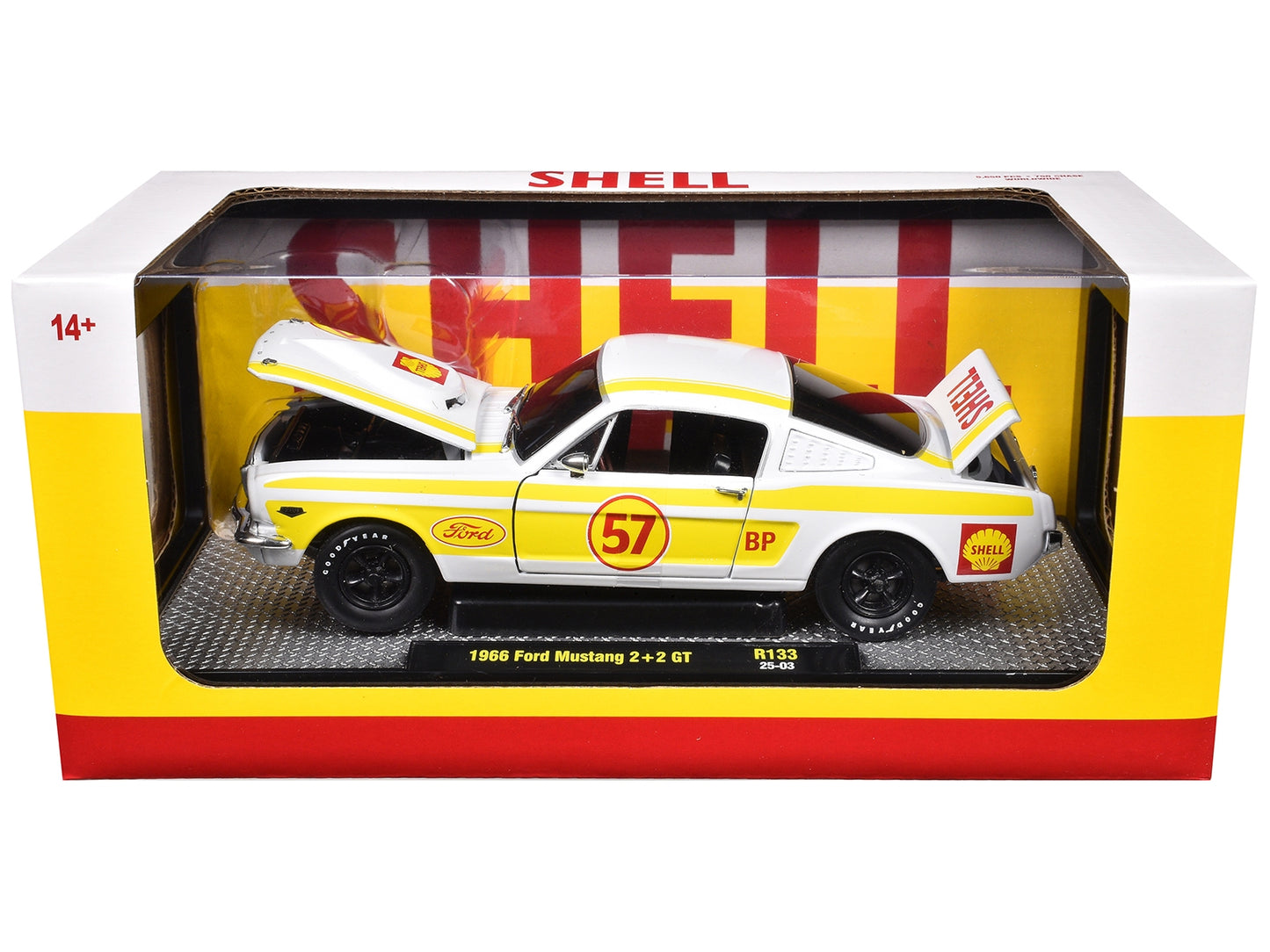 1966 Ford Mustang 2+2 GT #57 "Shell Oil" White with Yellow Stripes Limited Edition to 5650 pieces Worldwide 1/24 Diecast Model Car by M2 Machines