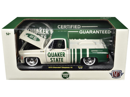 1973 Chevrolet Cheyenne 10 Pickup Truck "Quaker State" Beige and Green Limited Edition to 9600 pieces Worldwide 1/24 Diecast Model Car by M2 Machines M2