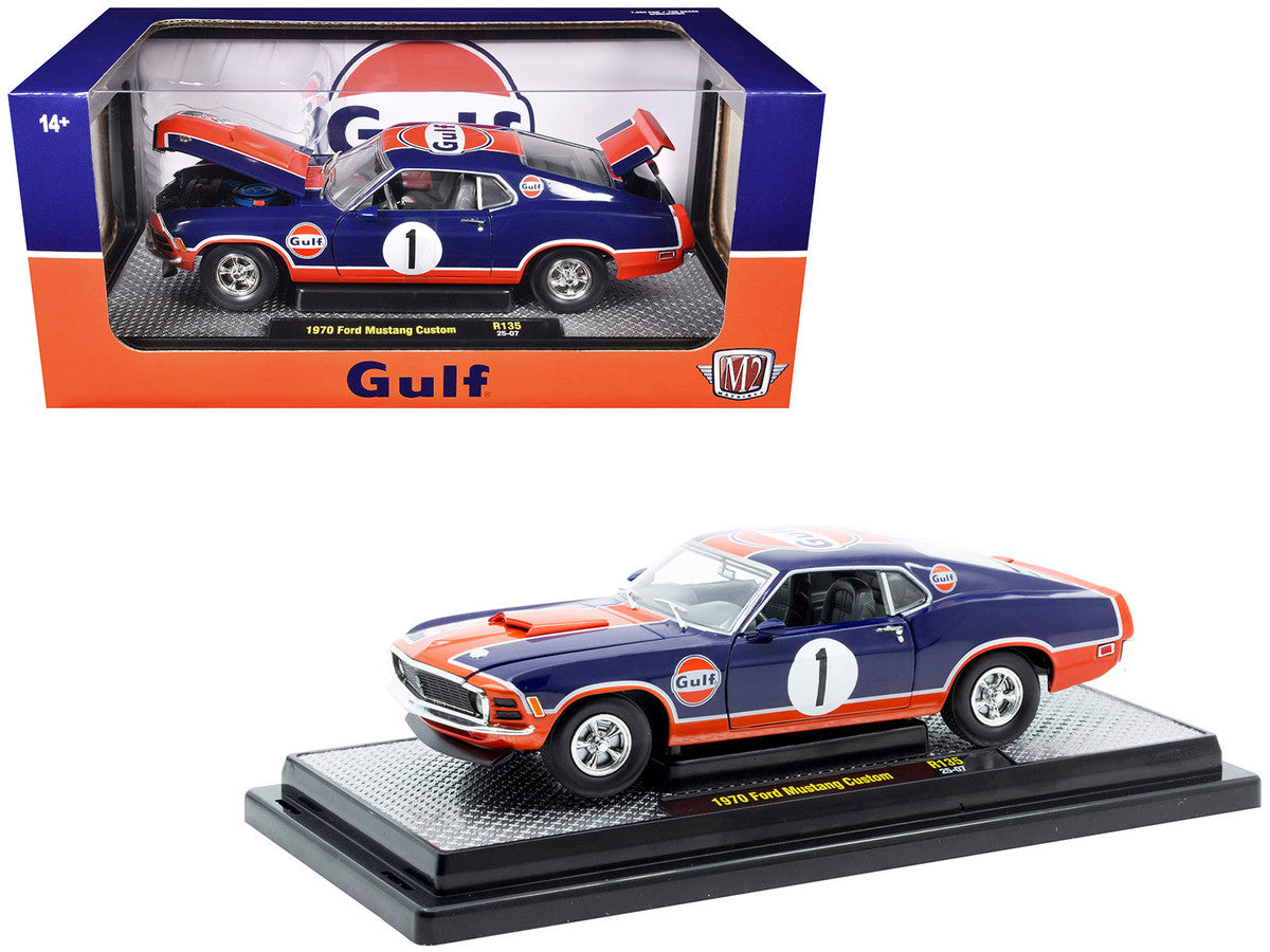 1970 Ford Mustang Custom #1 "Gulf Oil" Dark Blue with Orange Graphics Limited Edition to 7850 pieces Worldwide 1/24 Diecast Model Car by M2 Machines M2