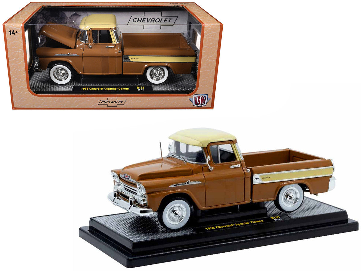1958 Chevrolet Apache Cameo Pickup Truck Brown with Beige Top Limited Edition to 5250 pieces Worldwide 1/24 Diecast Model Car by M2 Machines M2