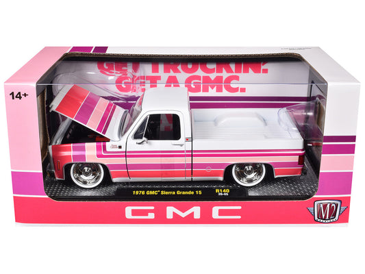 1976 GMC Sierra Grande 15 Pickup Truck White with Stripes Limited Edition to 9250 pieces Worldwide 1/24 Diecast Model Car by M2 Machines-1