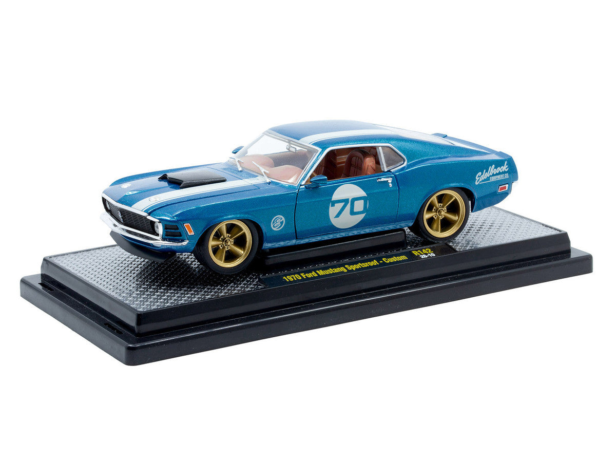 1970 Ford Mustang Sportsroof #70 Blue Metallic with White Stripes Limited Edition to 4050 pieces Worldwide 1/24 Diecast Model Car by M2 Machines M2