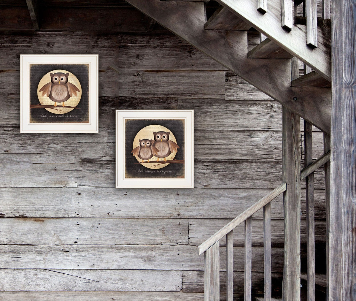 Set Of Two Owl Always Love and Need You 1 White Framed Print Wall Art W2B