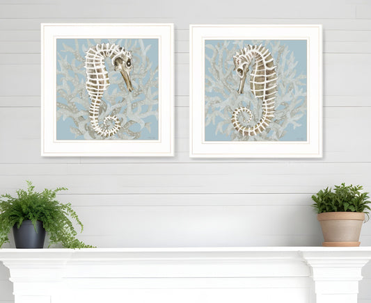 Set Of Two Coral Seahorse White Framed Print Wall Art W2B