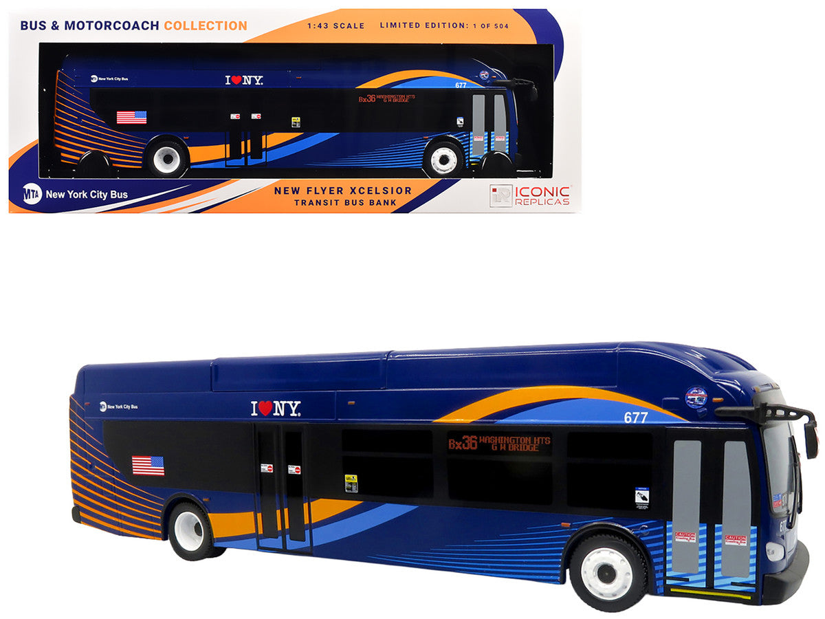 New Flyer Xcelsior Transit Bus Bank "MTA New York City" Blue with Graphics "The Bus & Motorcoach Collection" Limited Edition to 504 Pieces Worldwide 1/43 Model by Iconic Replicas-4