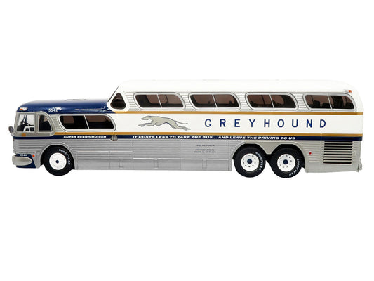 GM PD-4501 Scenicruiser Coach Bus "Greyhound Bus Lines - 50th Anniversary" Raw Metal with Blue and White Top and Gold Stripes "The Bus & Motorcoach Collection" 1/43 Plastic Model by Iconic Replicas Iconic Replicas