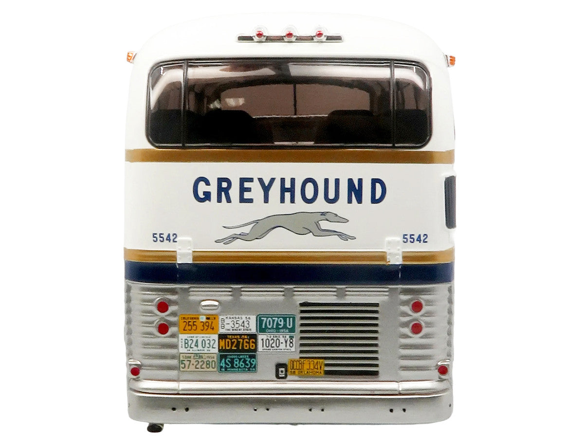 GM PD-4501 Scenicruiser Coach Bus "Greyhound Bus Lines - 50th Anniversary" Raw Metal with Blue and White Top and Gold Stripes "The Bus & Motorcoach Collection" 1/43 Plastic Model by Iconic Replicas Iconic Replicas