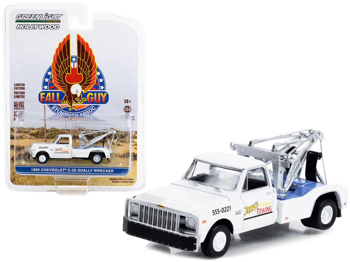 1969 Chevrolet C-30 Dually Wrecker Tow Truck White "Jerry’s Towing" "Fall Guy Stuntman Association" Hollywood Special Edition 1/64 Diecast Model Car by Greenlight Greenlight