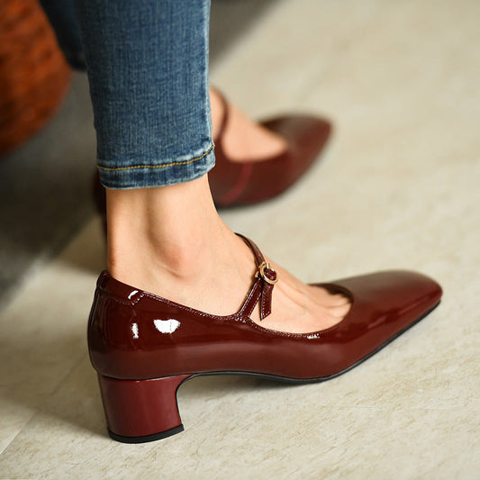 Burgundy bright leather strap square toe shoes for women LadyShow.Store