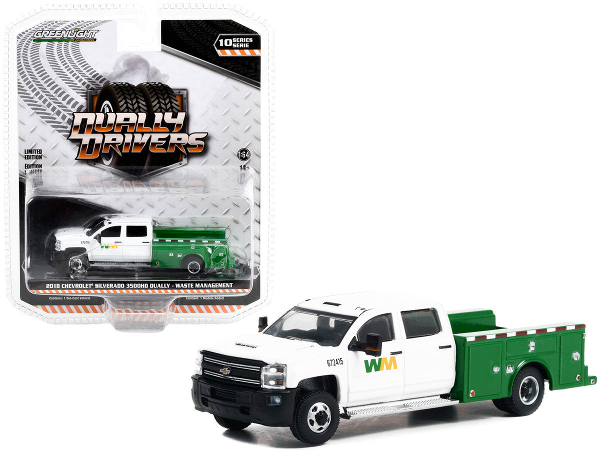 2018 Chevrolet Silverado 3500HD Dually Service Truck White and Green "Waste Management" "Dually Drivers" Series 10 1/64 Diecast Model Car by Greenlight Greenlight