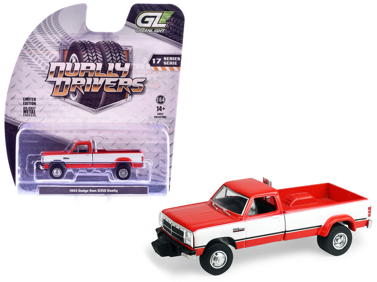1993 Dodge Ram D350 Dually Red and White with Exhaust with Bumper Weights "Dually Drivers" Series 17 1/64 Diecast Model Car by Greenlight Greenlight