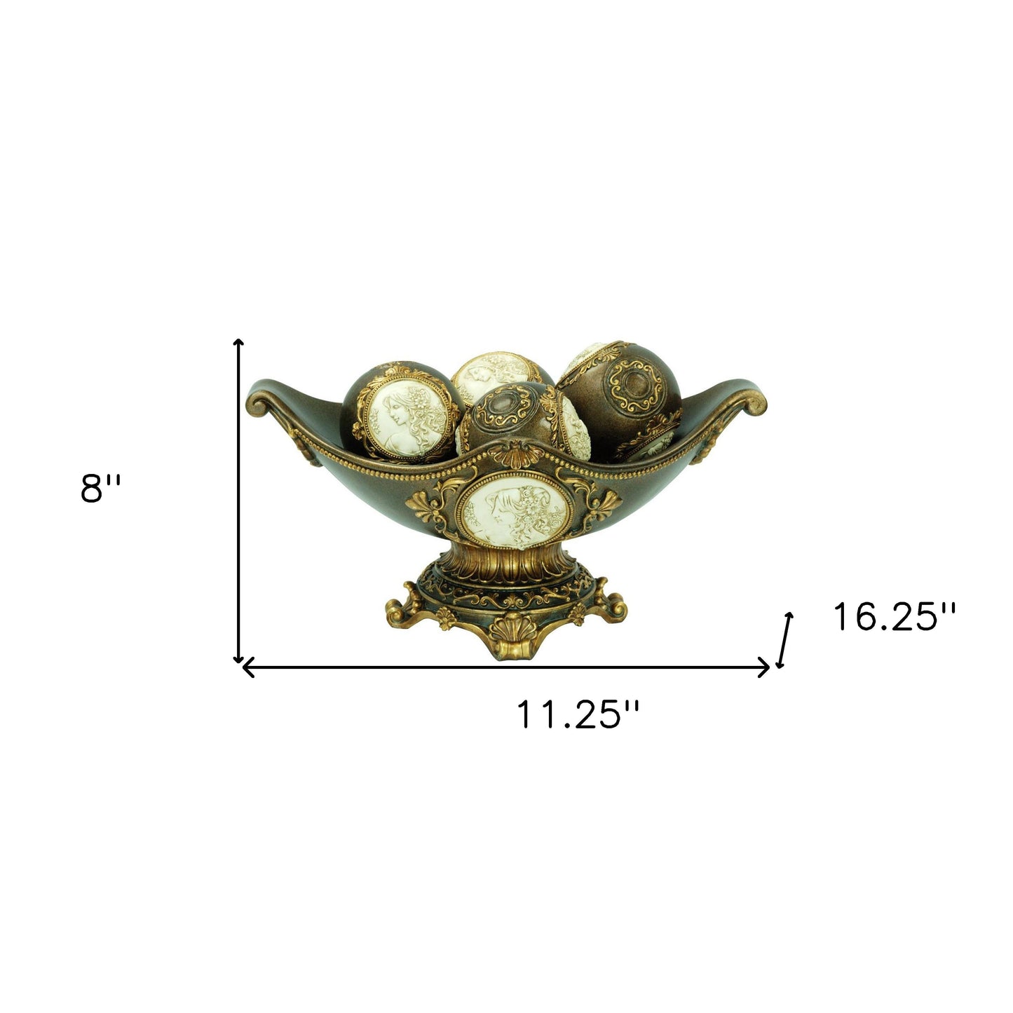 8" Bronze Polyresin Classical Greek Decorative Bowl With Orbs W2B