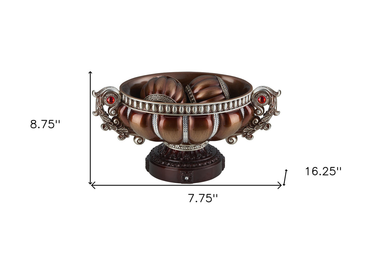 9" Reddish Bronze And Silver Polyresin Decorative Bowl With Orbs W2B