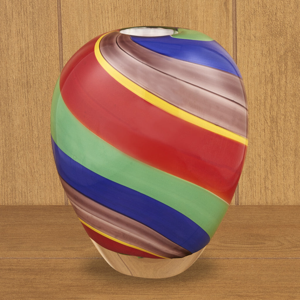 9" Red Blue and Green Striped Round Glass Table Vase W2B