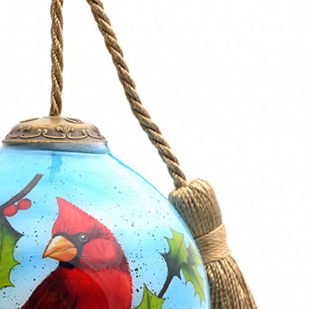 Red Cardinal on Christmas Holly Branches Hand Painted Mouth Blown Glass Ornament W2B