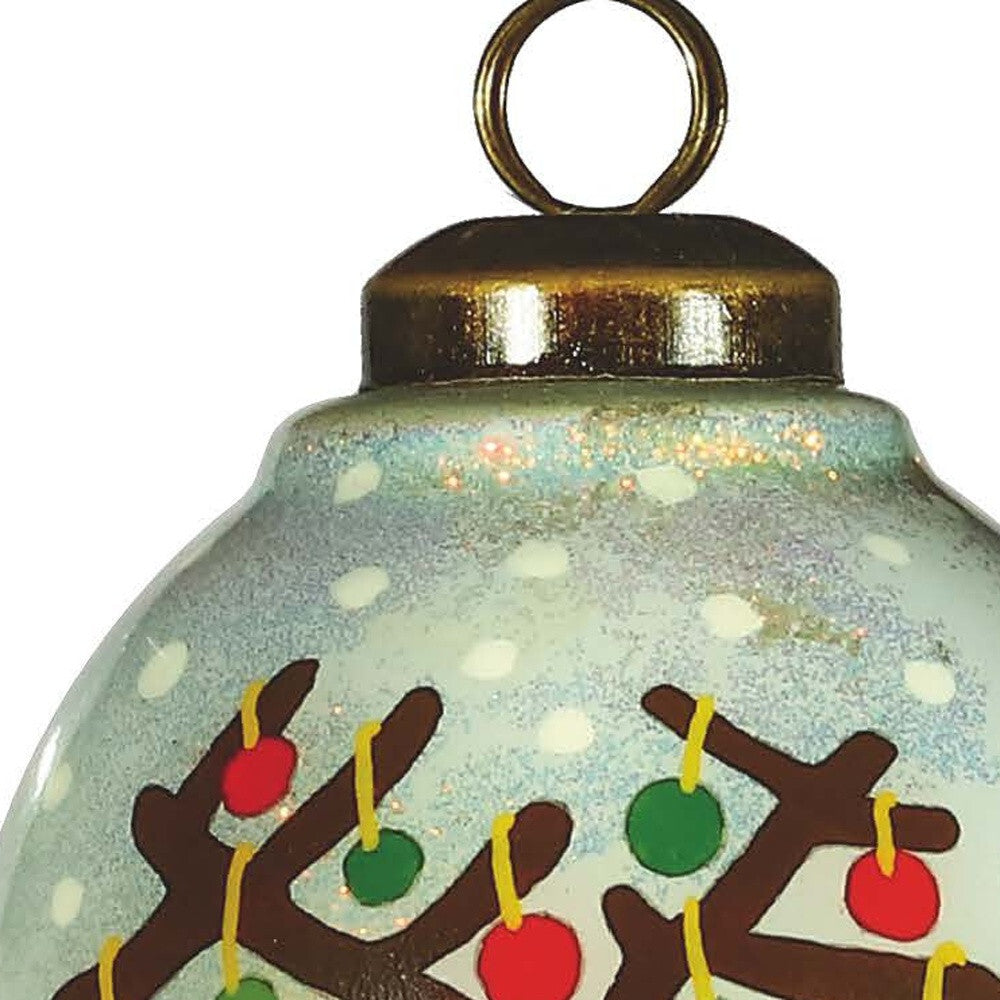Festive Glitter Reindeer with Lights Hand Painted Mouth Blown Glass Ornament W2B