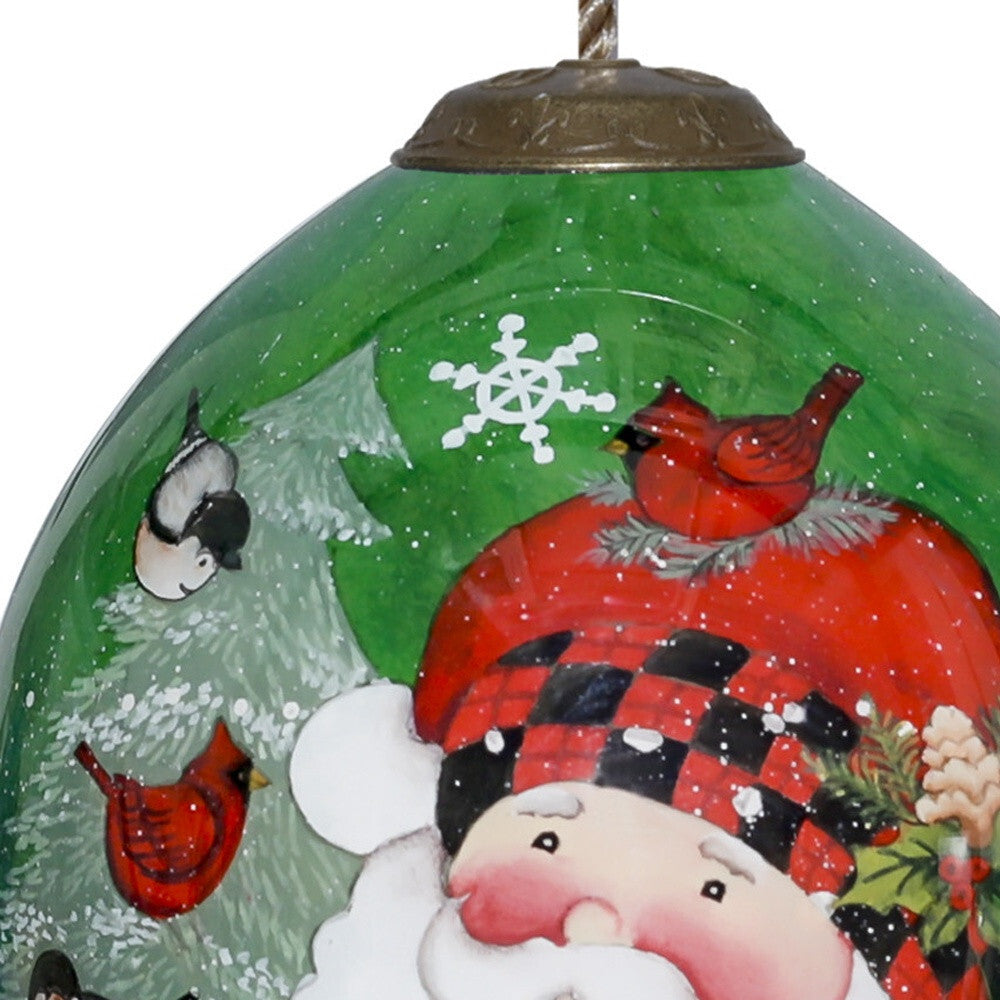 Plaid Santa with Cardinals Hand Painted Mouth Blown Glass Ornament W2B