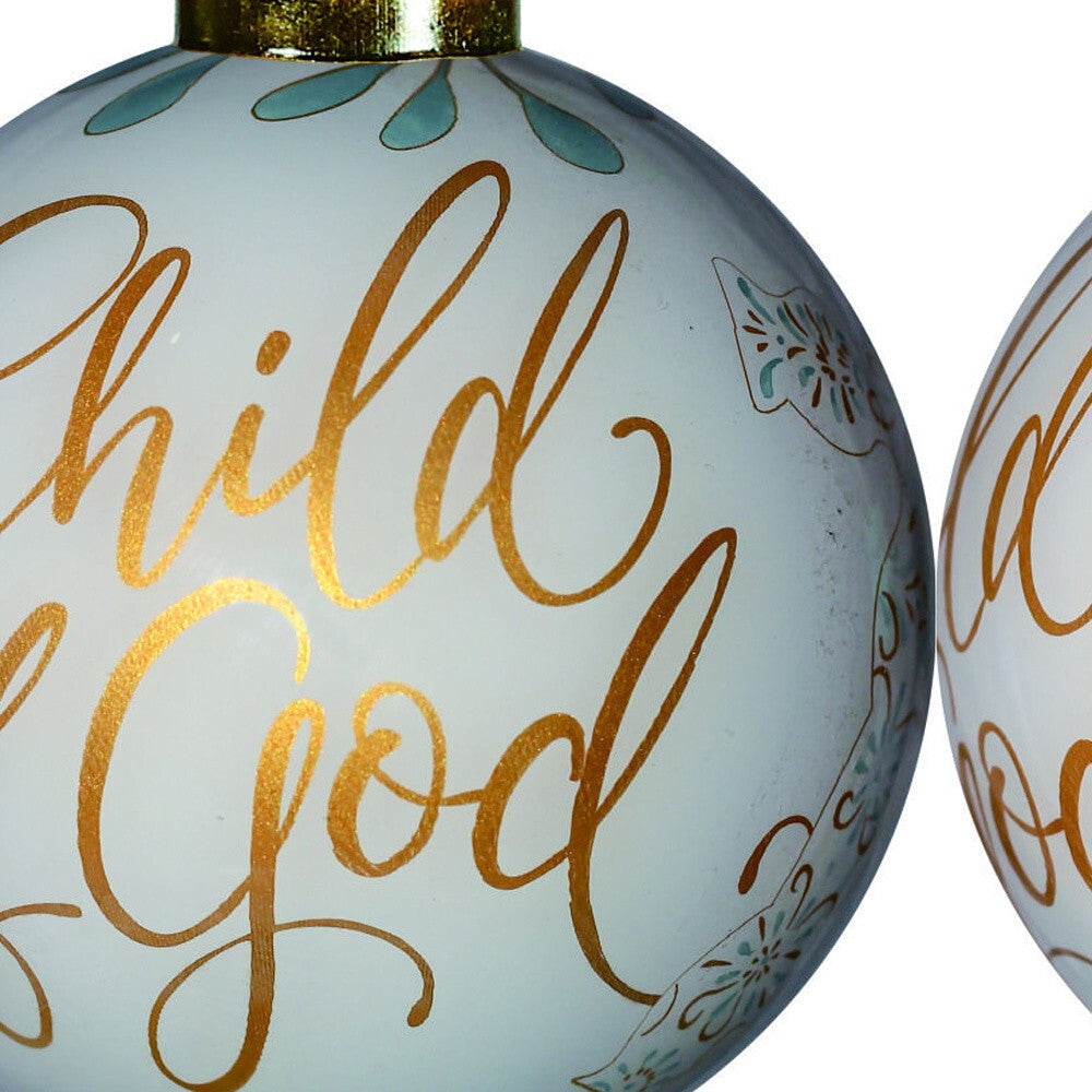 White and Gold Child of God Hand Painted Mouth Blown Glass Ornament W2B