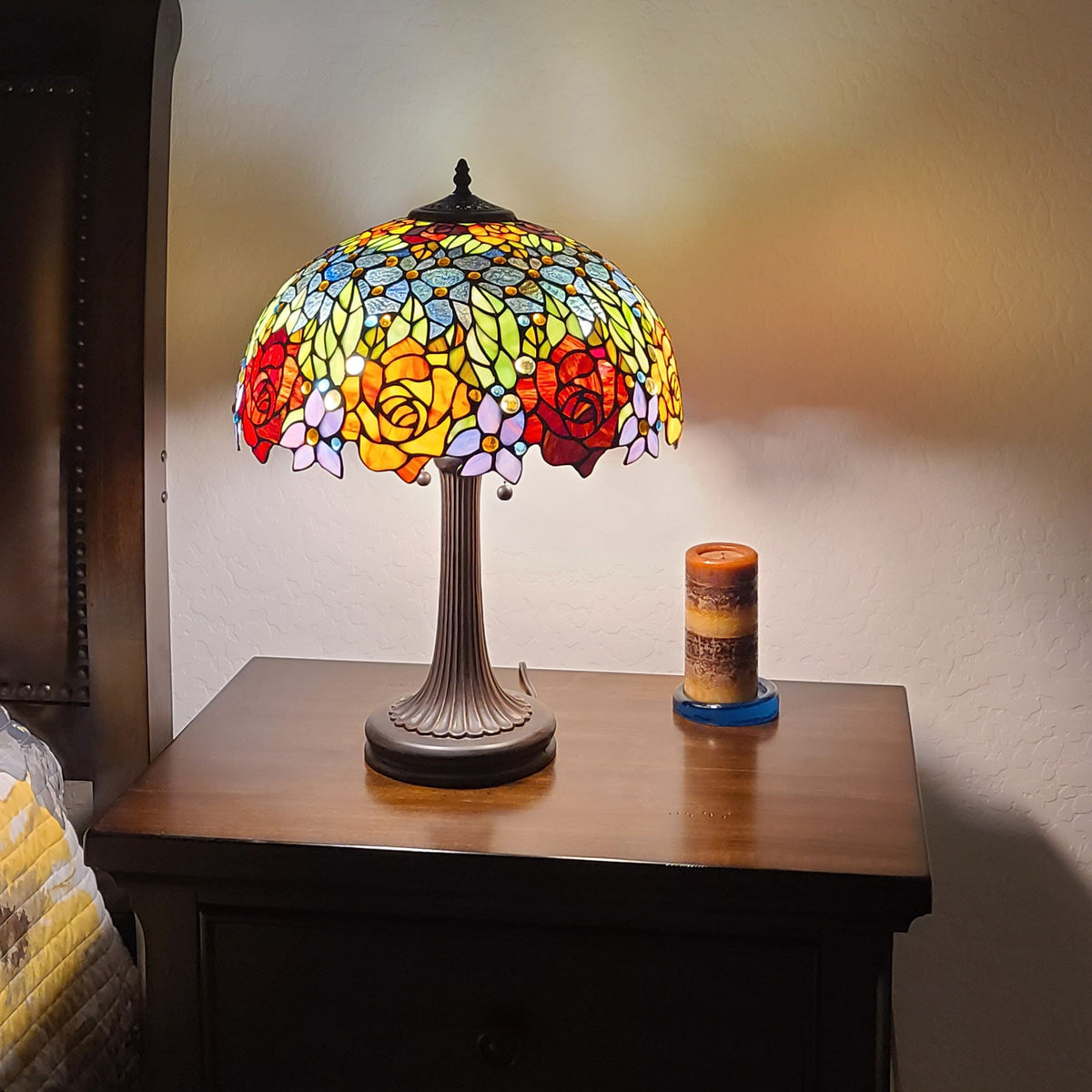 24" Dark Brown Metal Two Light Candlestick Table Lamp With Orange Shade W2B
