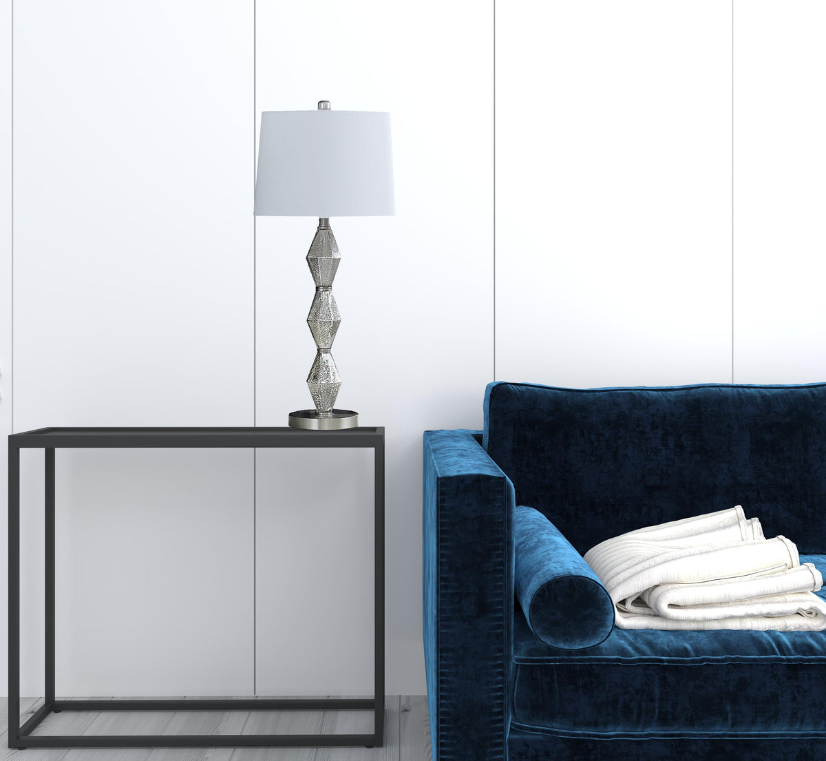 30" Brushed Silver Geo Glass Table Lamp With White Shade W2B