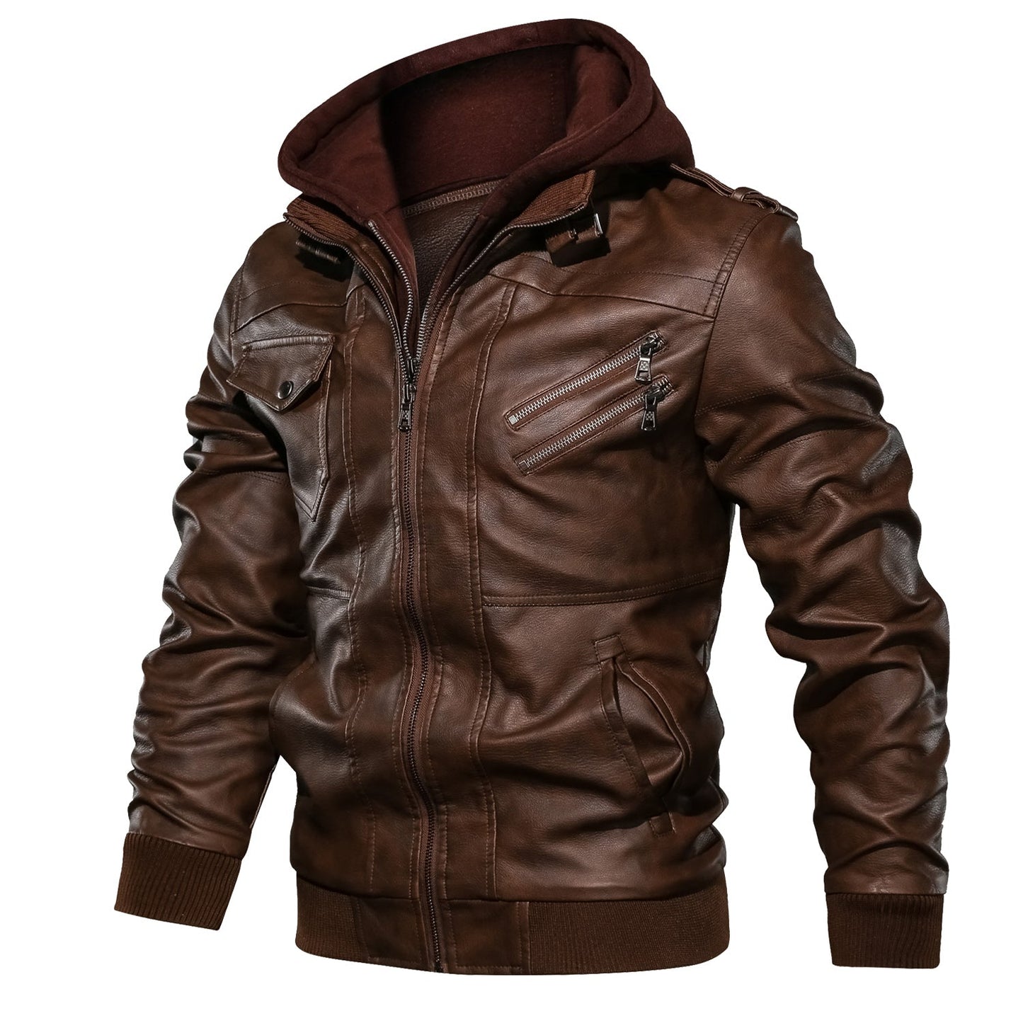 Men's Leather Jackets, Faux Leather Jacket For Men Lapel Zip-Up Slim Fit Coat Accent Plus