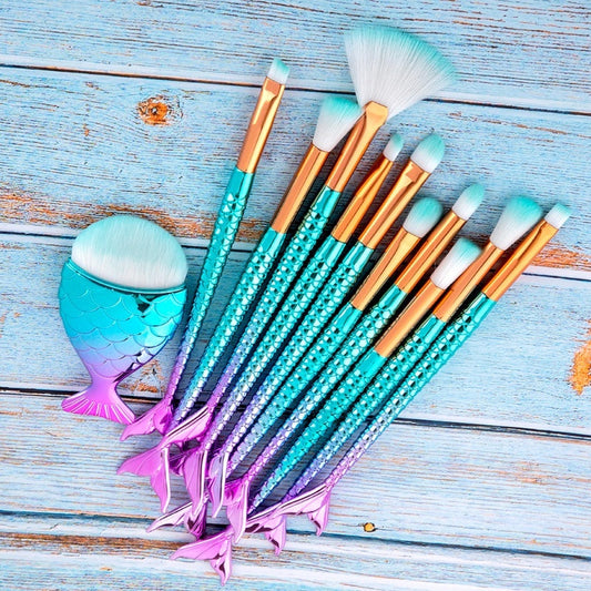 11pcs Makeup Brushes Kit Maquiagem Maquillaje New Mermaid Foundation Eyebrow Eyeliner Cosmetic Makeup Brushes LadyShow.Store