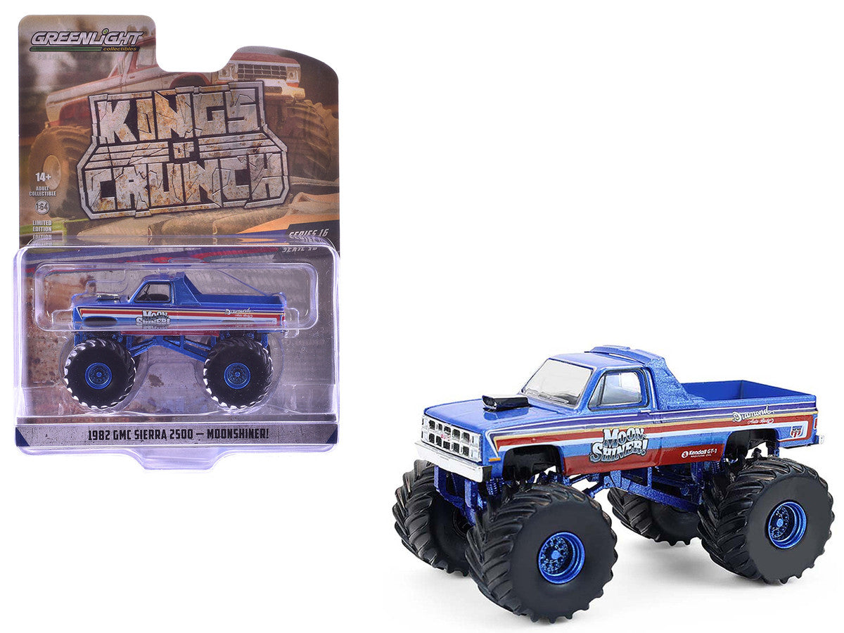 1982 GMC Sierra 2500 Monster Truck "Moonshiner!" Blue Metallic with Stripes "Kings of Crunch" Series 16 1/64 Diecast Model Car by Greenlight-4