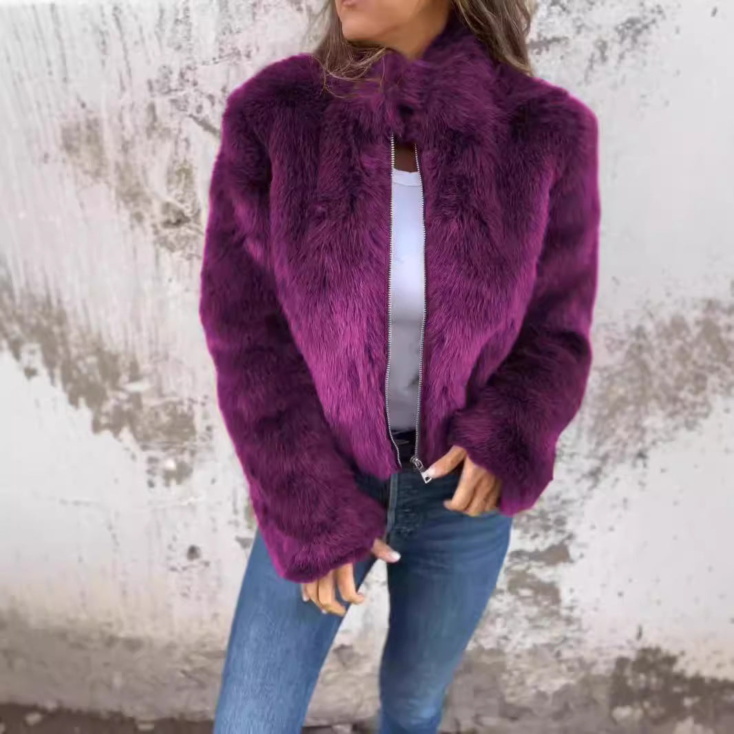 Fashion Stand Collar Plush Jacket Winter Casual Turtleneck Zipper Coat Fleece Tops Women's Clothing Accent Plus
